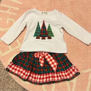 Marie Nicole White L/S Top with Plaid Christmas Trees and Plaid Skirt Set